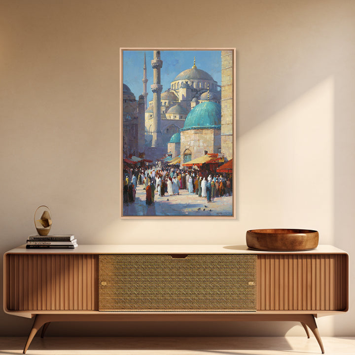 Islamic Architecture Mosque At Night Under Starry Sky With Reflective Marble Floor Wall Art Framed Canvas Print For Spiritual Decor