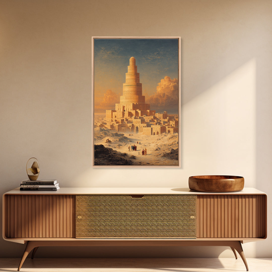 Majestic Ancient Tower With People And Sunset Sky Painting Wall Art Framed Canvas Print For Home Decor