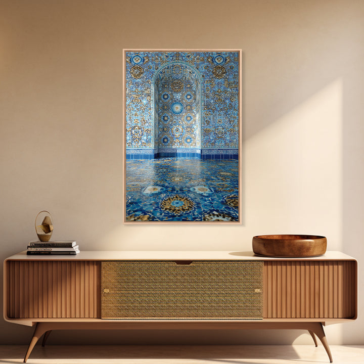 Intricate Islamic Tile Pattern Blue And Gold Wall Art Framed Canvas Print Featuring Elegant Cultural Home Decor Or Gift
