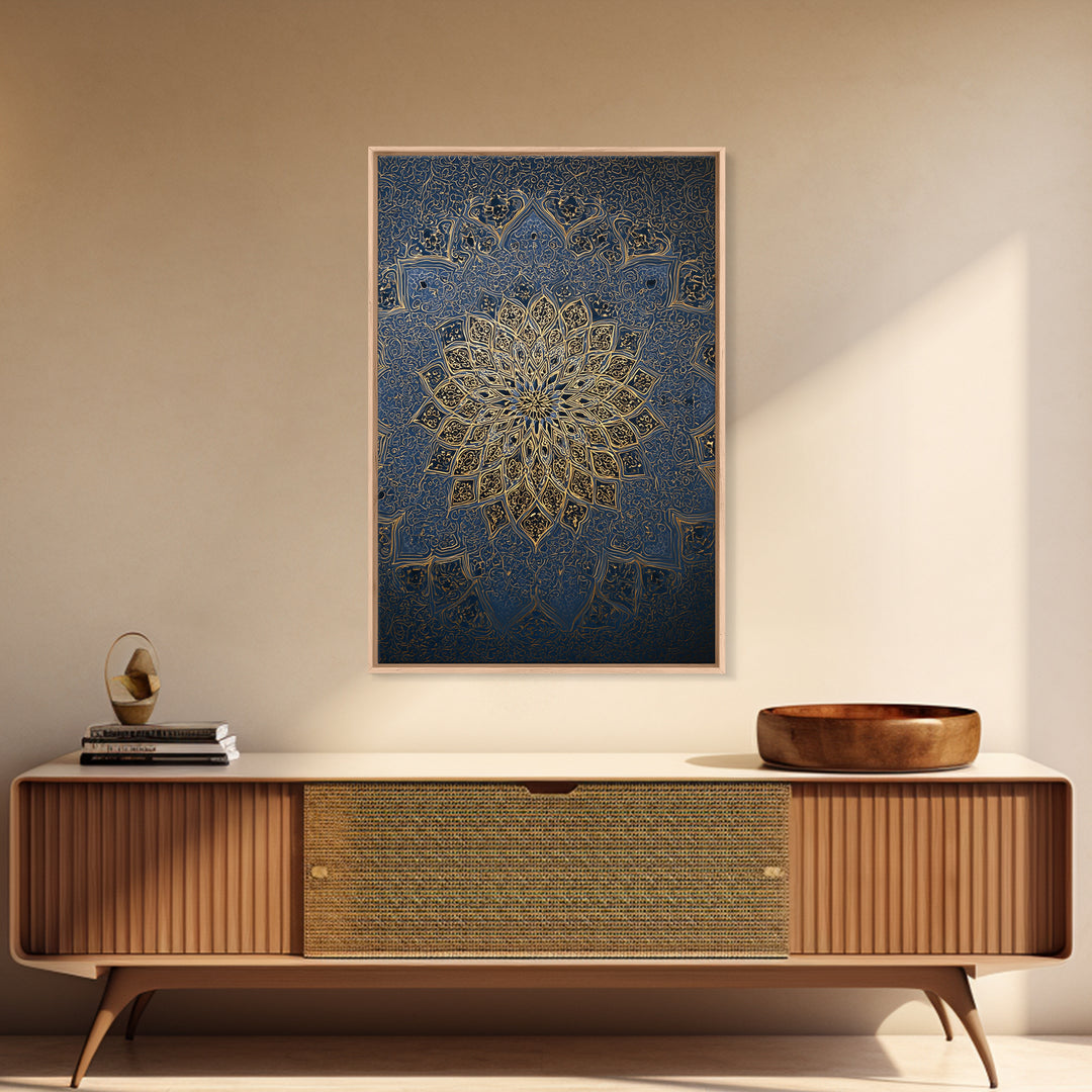 Intricate Blue And Gold Islamic Mandala Wall Art With Ornate Patterns Framed Canvas Print For Elegant Modern Home Decor