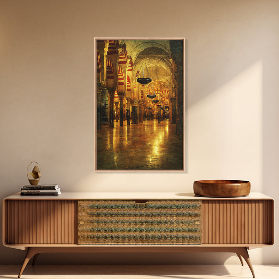 Golden Mosque Interior Glowing Warm Light Framed Canvas Islamic Wall Art Traditional Architecture Home Decor