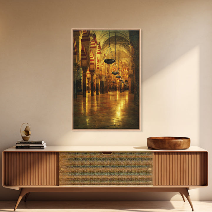 Golden Mosque Interior Glowing Warm Light Framed Canvas Islamic Wall Art Traditional Architecture Home Decor