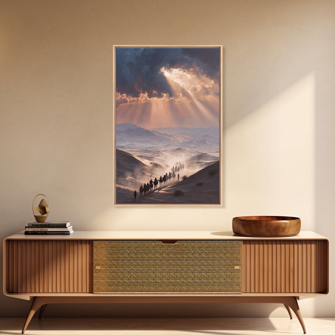 Desert Caravan Landscape Painting Dramatic Sunset Wall Art Framed Canvas Print For Southwest Home Decor Gift