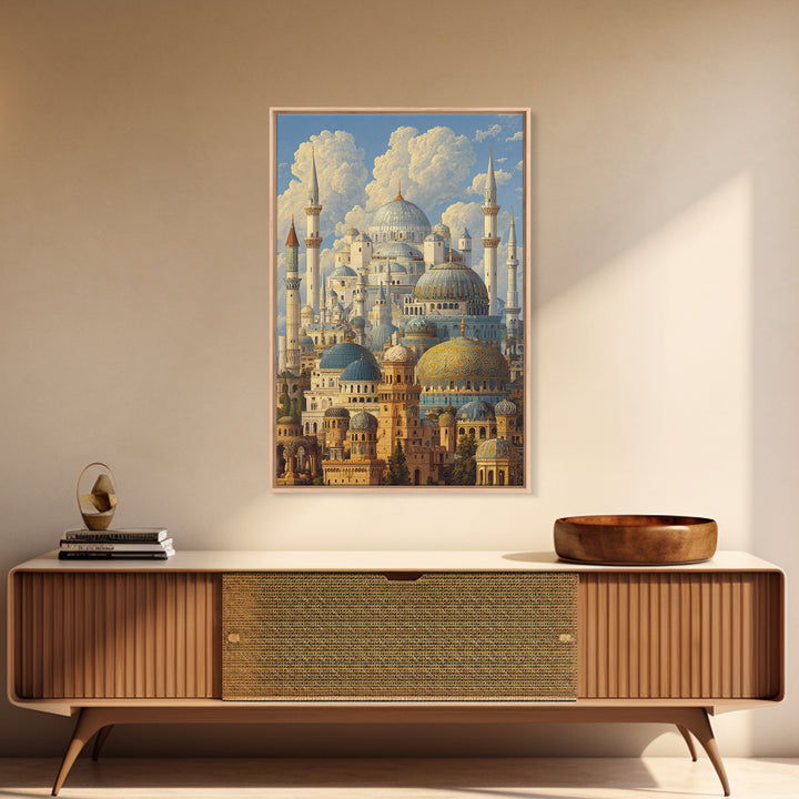 Detailed Ottoman Mosque Architecture With Puffy Clouds Original Landscape Oil Painting Wall Art For Home Or Office Decor