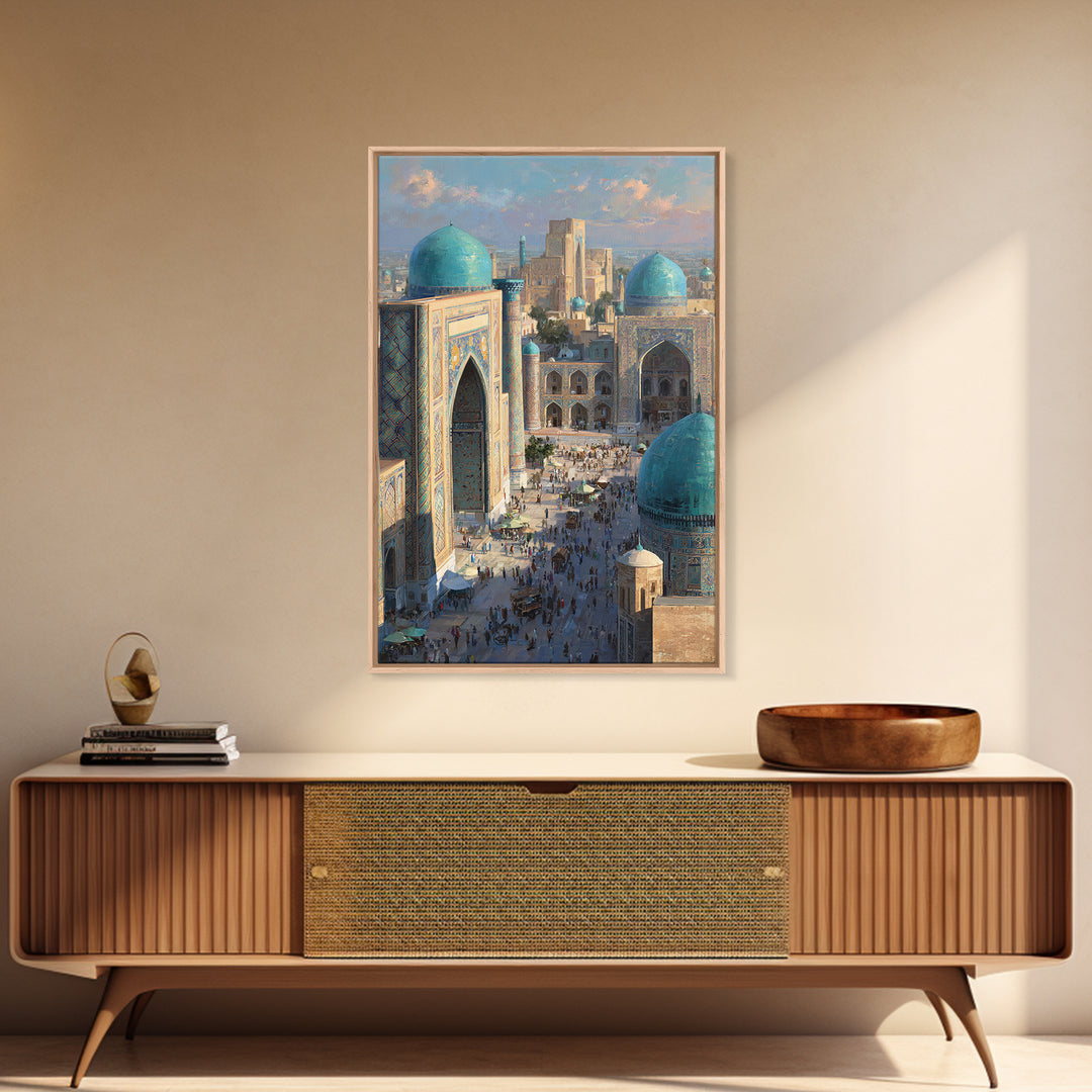 Sunlit Oriental Market Street With Blue Domed Buildings Painting Wall Art Framed Canvas Print