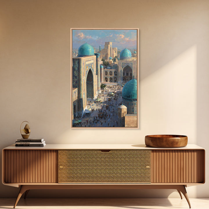 Sunlit Oriental Market Street With Blue Domed Buildings Painting Wall Art Framed Canvas Print