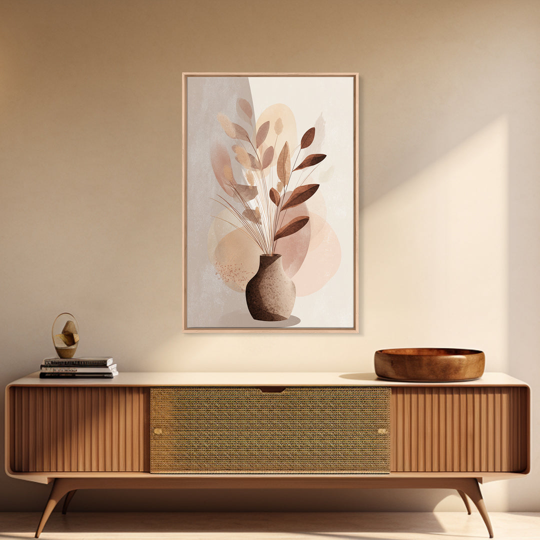 Neutral Botanical Vase With Soft Abstract Leaves Framed Canvas Print, Minimalist Wall Art, Japandi Decor, Modern Home Decor