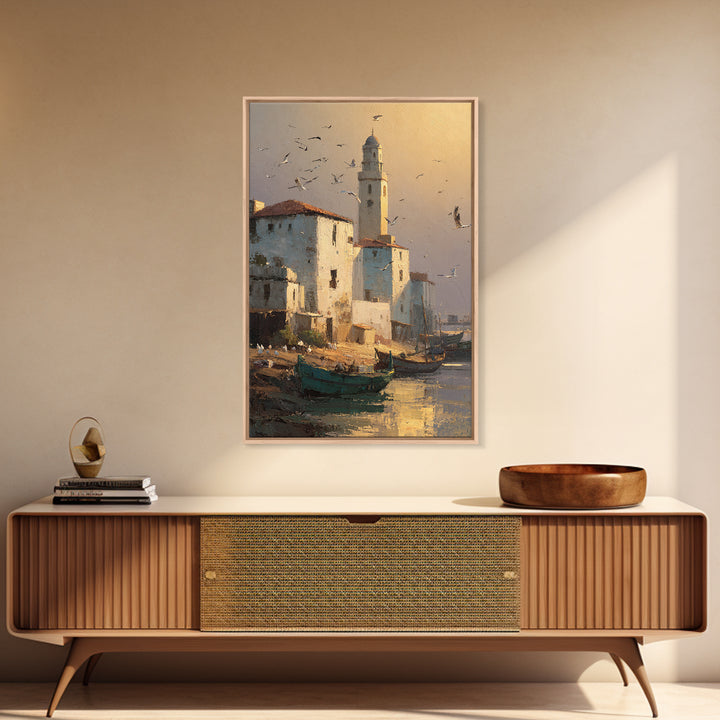 Quiet Coastal Town Harbor Scene With Boats And Warm Light Canvas Print Wall Art For Nautical Home Decor And Living Room Wall Art