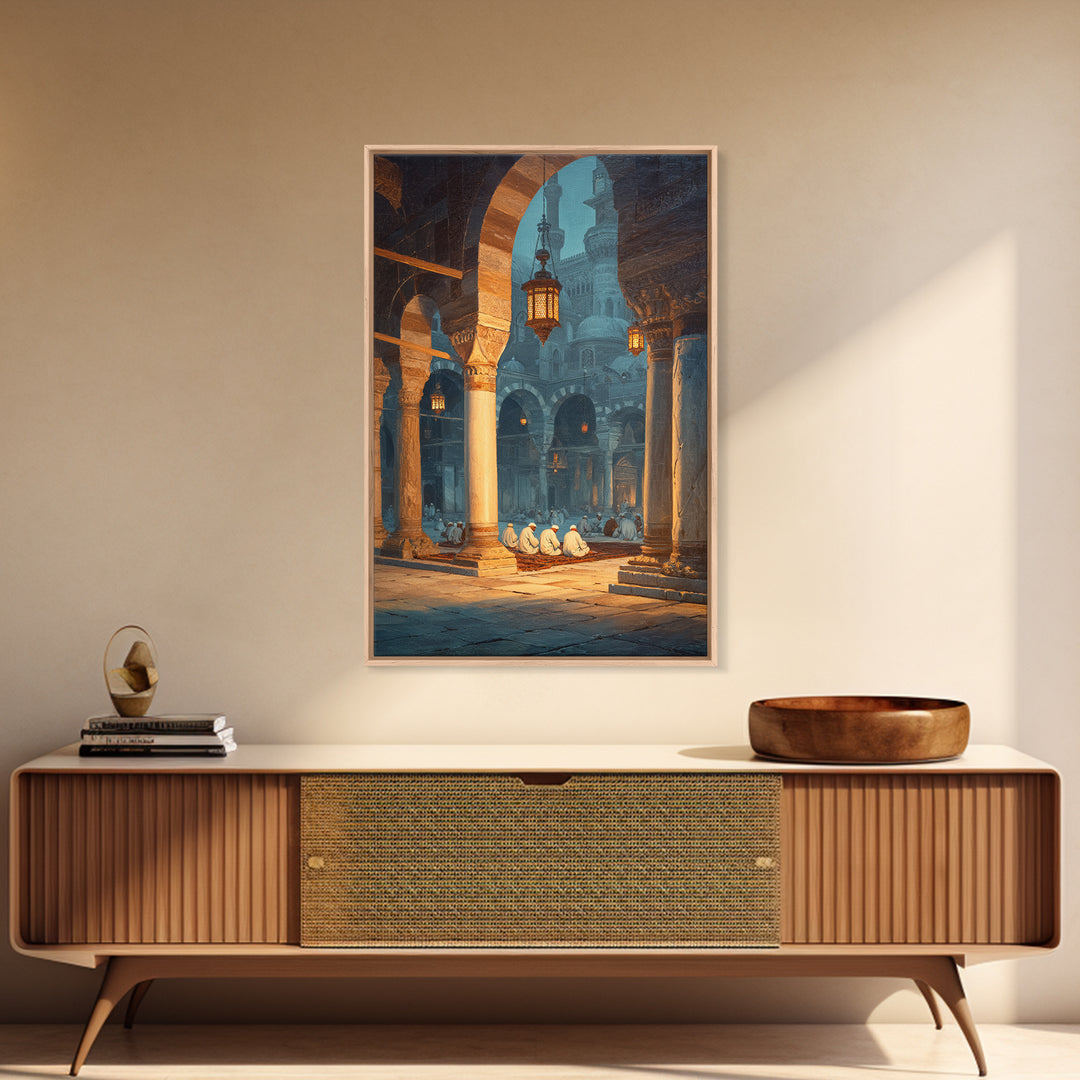Ancient Mosque Interior With Worshippers And Pillars Framed Canvas Print Islamic Wall Art Modern Home Decor