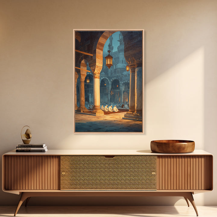 Ancient Mosque Interior With Worshippers And Pillars Framed Canvas Print Islamic Wall Art Modern Home Decor