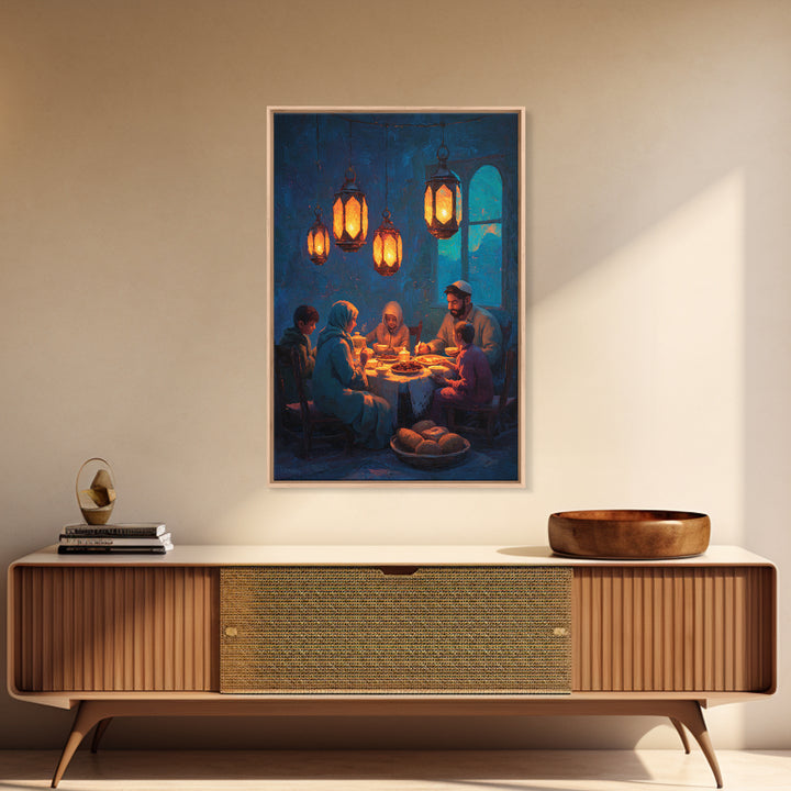 Warm Family Dinner Scene Oil Painting Inspired Wall Art Framed Canvas Print For Cozy Home Decor Gift For Loved Ones