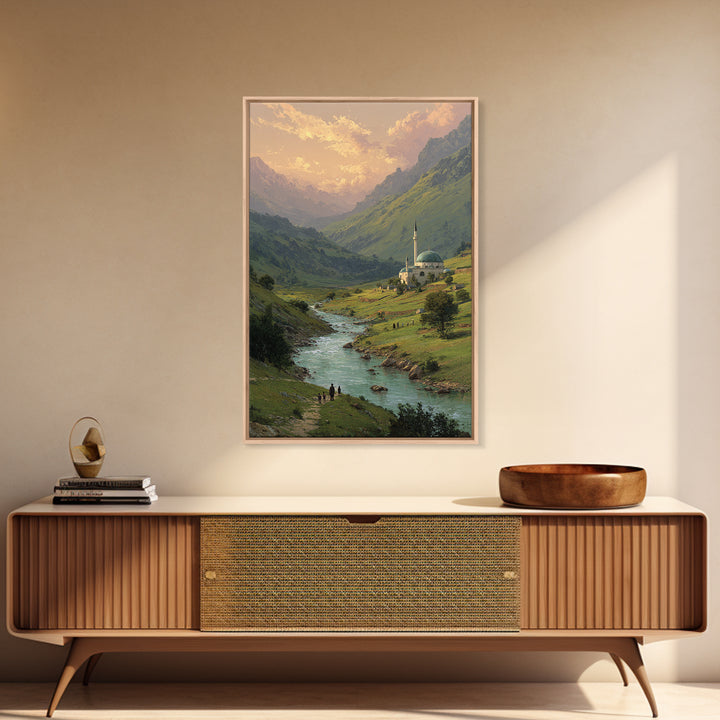 Peaceful Mountain Village With Flowing River Landscape Oil Painting Canvas Print For Nature Lovers And Tranquil Wall Decor