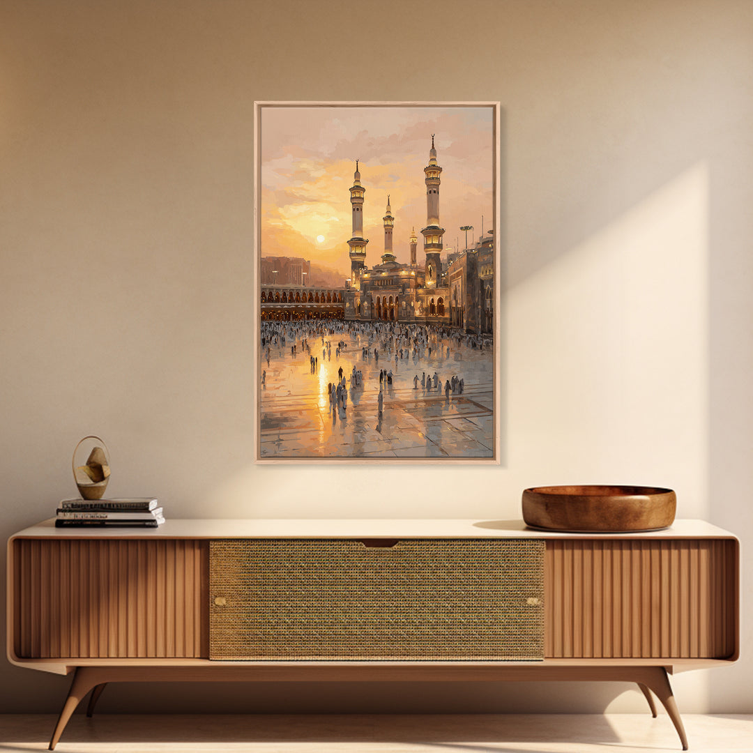 Sunset Over Mecca Mosque Digital Painting Wall Art Framed Canvas Print For Islamic Home Decor And Spiritual Gifts