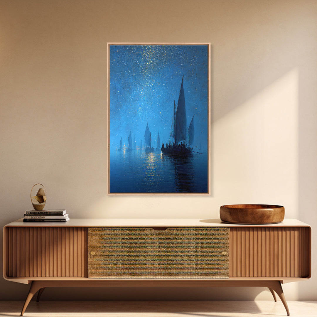 Starry Night Sailboat Scene With Glittering Sky And Calm Water - Modern Wall Art For Living Room Decor