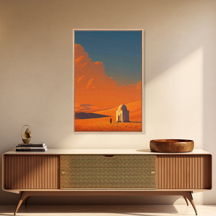 Desert Landscape With Monochrome Architecture And Vibrant Orange Sky Wall Art Framed Canvas Print For Home