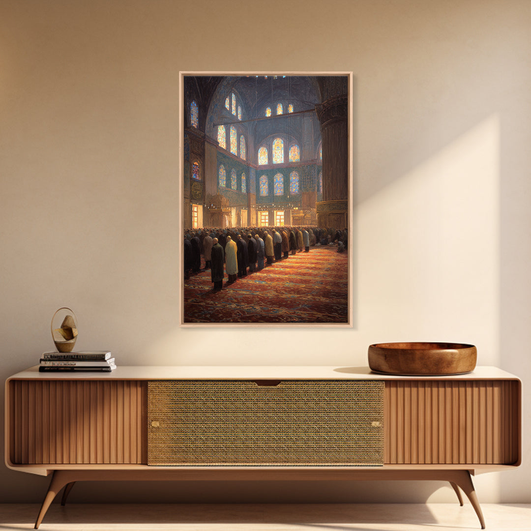 Crowded Mosque Worshippers Prayer Scene Religious Painting Wall Art Canvas Print For Home
