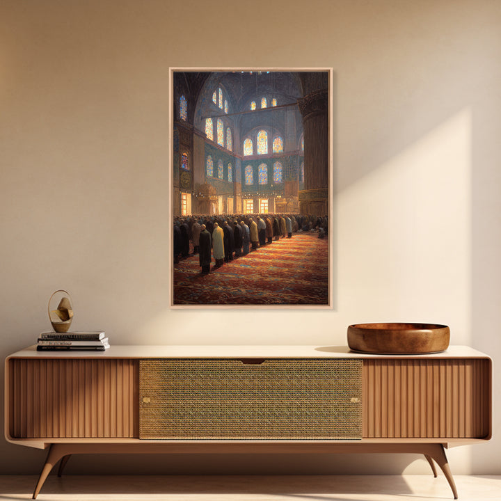 Crowded Mosque Worshippers Prayer Scene Religious Painting Wall Art Canvas Print For Home