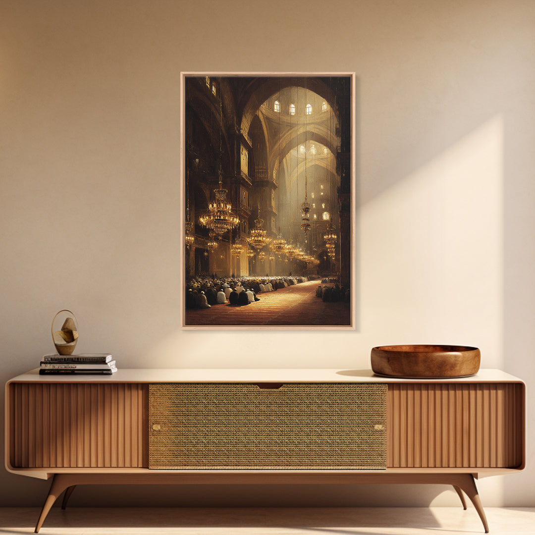 Majestic Mosque Interior With Warm Golden Light And Praying Crowd Religious Wall Art Perfect Home Decor
