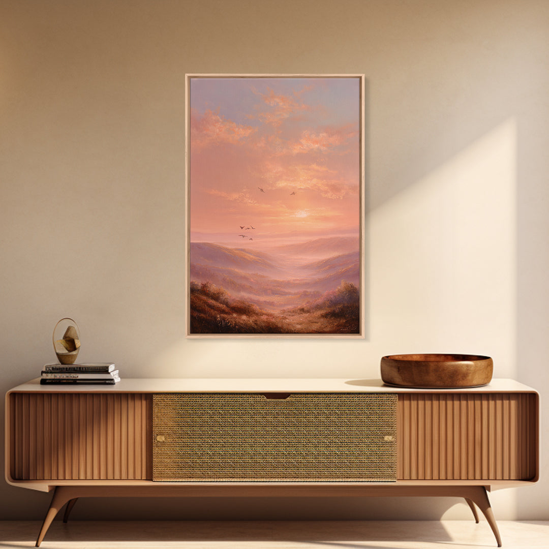 Golden Sunset Mountain Valley With Birds Framed Canvas Print, Landscape Wall Art, Warm Nature Decor, Living Room Wall Decor