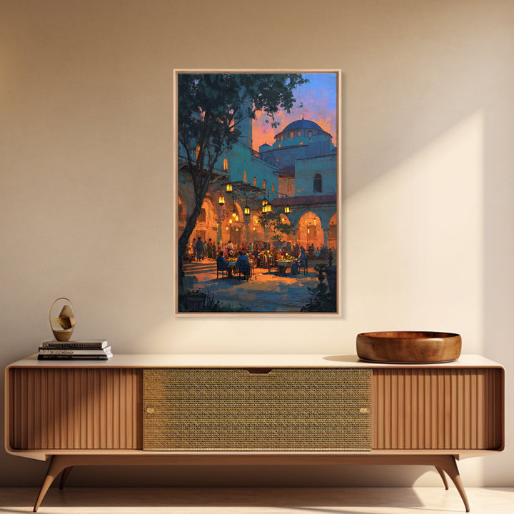Serene Evening Mosque Courtyard With Warm Light And People Digital Painting Canvas Print For Cultural And Cozy Wall Decor