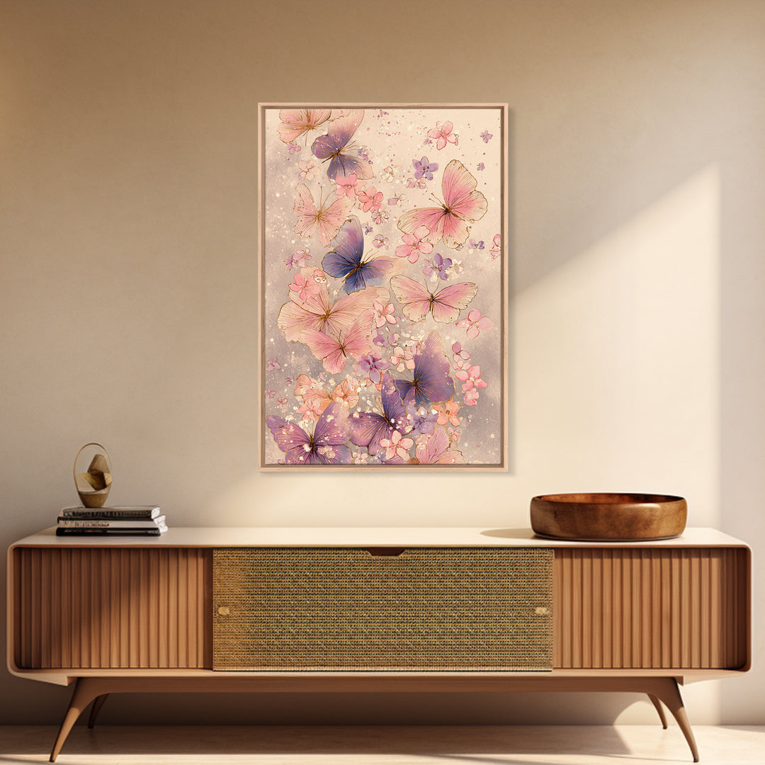 Pink And Purple Butterflies With Tiny Blossoms Framed Canvas Print, Feminine Wall Art, Butterfly Art Print, Nursery Decor