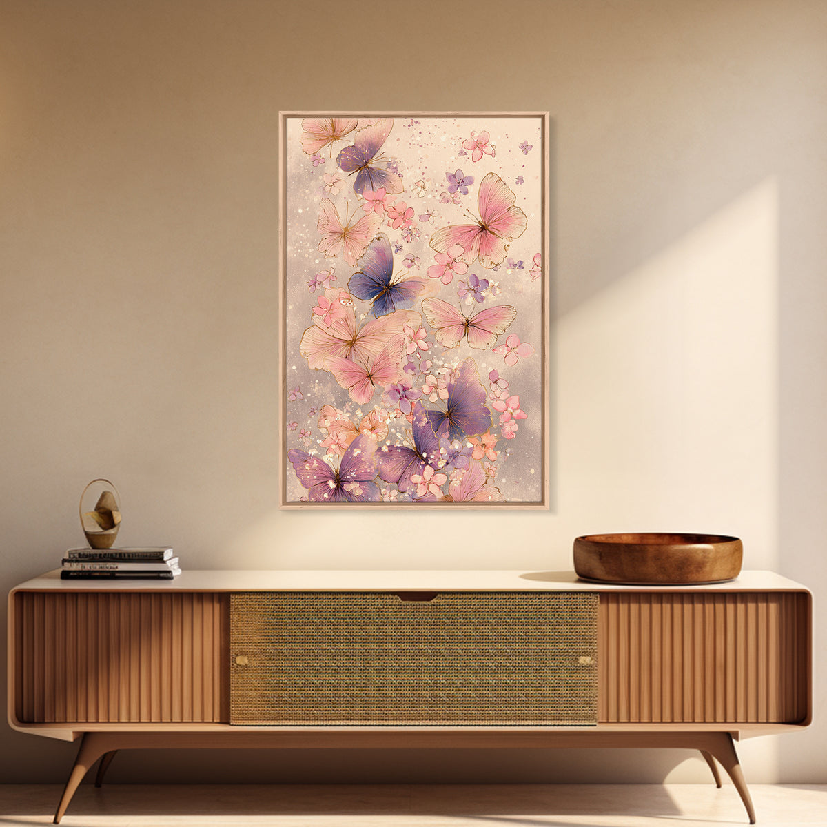 Pink And Purple Butterflies With Tiny Blossoms Framed Canvas Print, Feminine Wall Art, Butterfly Art Print, Nursery Decor