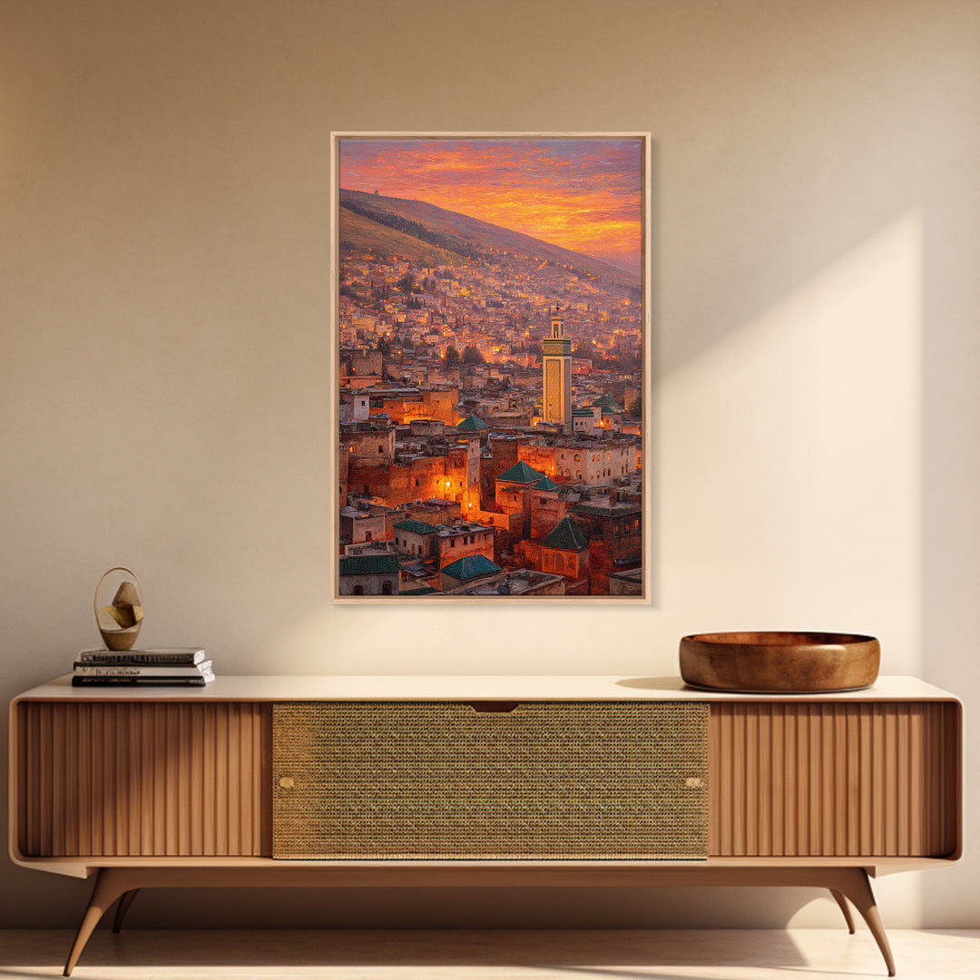 Sunlit Moroccan Cityscape At Dawn With Vibrant Orange Hues And Traditional Green Tiled Roofs Wall Art