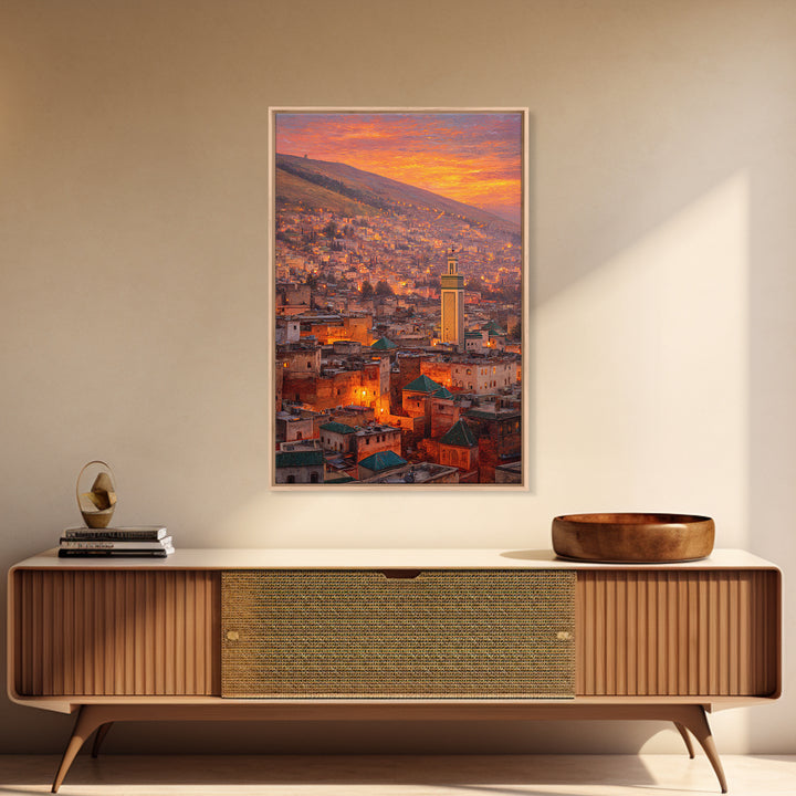 Sunlit Moroccan Cityscape At Dawn With Vibrant Orange Hues And Traditional Green Tiled Roofs Wall Art