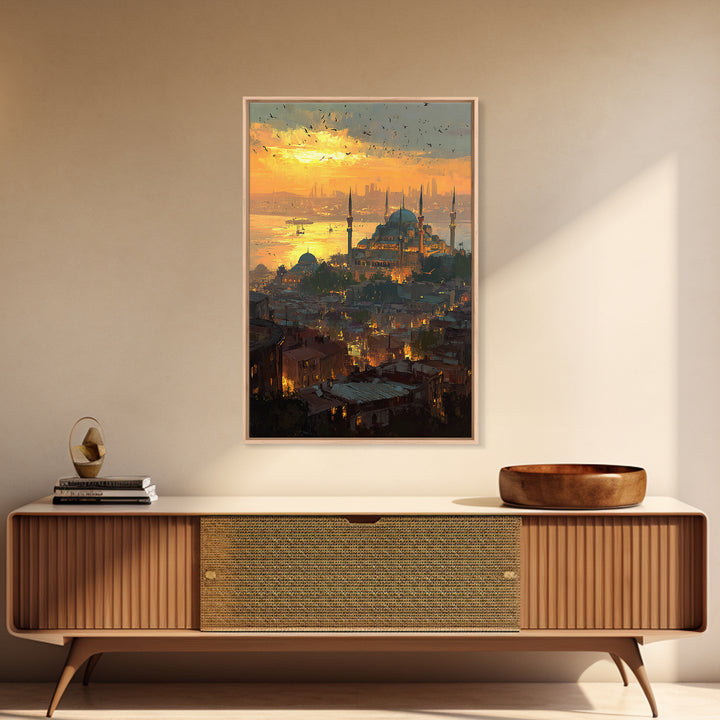 Sunset Cityscape With Mosque And Glowing Skyline Vibrant Fine Art Canvas Print For Urban Wall Decor