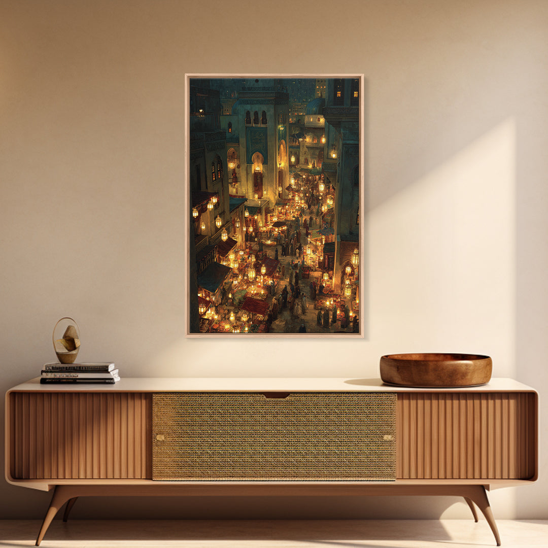Bustling Middle Eastern Market At Night Glowing Lanterns Exotic Bazaar Wall Art Framed Canvas Print For Decor