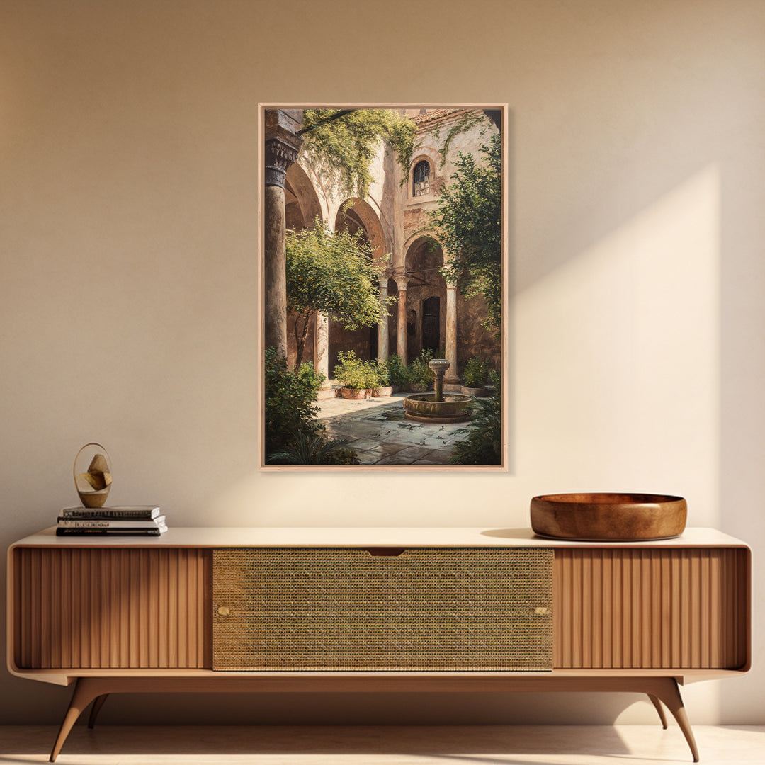 Sunlit Mediterranean Courtyard Garden Wall Art Framed Canvas Print For Rustic Home Decor