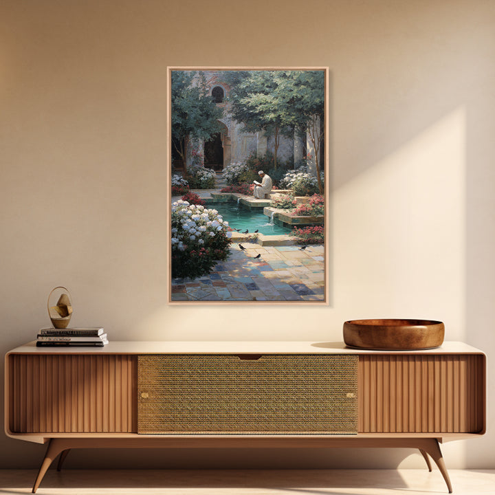 Serene Islamic Courtyard With Reflective Pool And Reading Man Oriental Framed Canvas Print Elegant Wall Art For Sophisticated Home