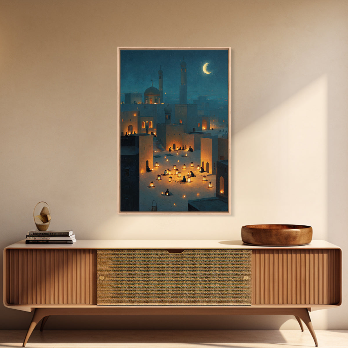 Peaceful Lantern Lit Desert Scene With Blue Twilight Desert Night Wall Art Framed Canvas Print For Bedroom