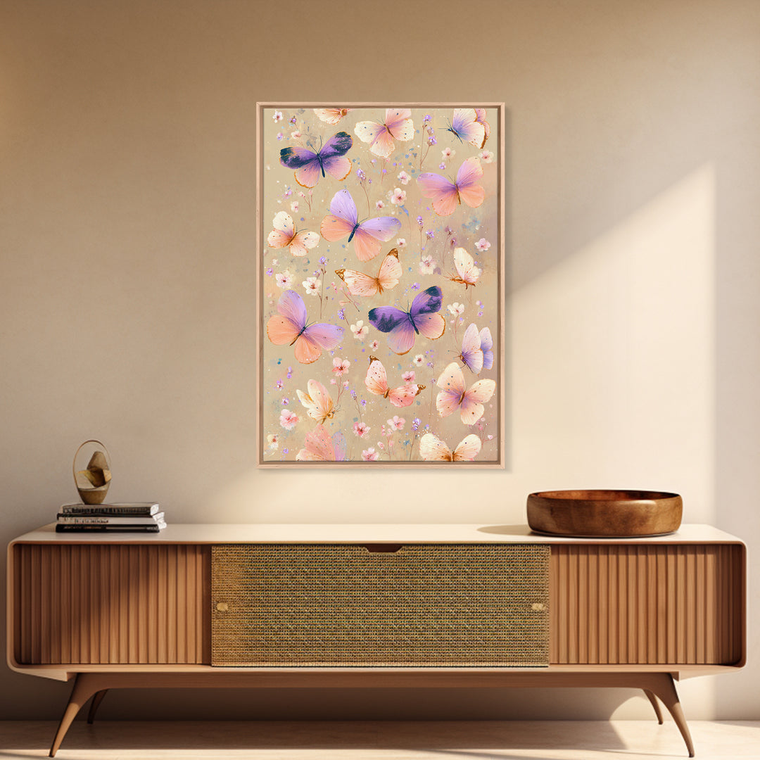 Pastel Butterflies And Wildflowers On Beige Canvas Print, Whimsical Wall Art, Girls Room Decor, Colorful Nursery Art Gift