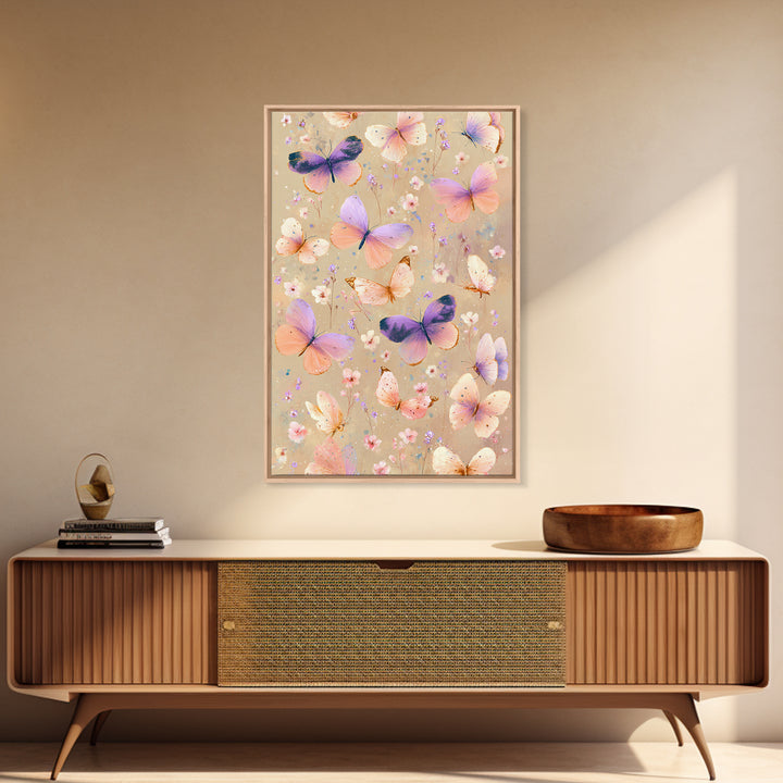 Pastel Butterflies And Wildflowers On Beige Canvas Print, Whimsical Wall Art, Girls Room Decor, Colorful Nursery Art Gift