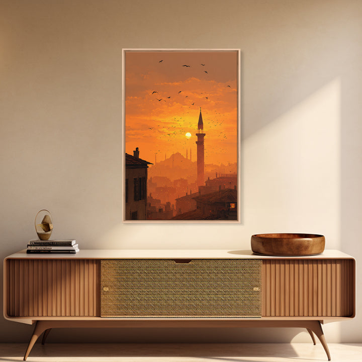 Golden Hour Sunset Over Cityscape With Birds Flying Wall Art Canvas Print For Warm Home Decor And Relaxing Living Room