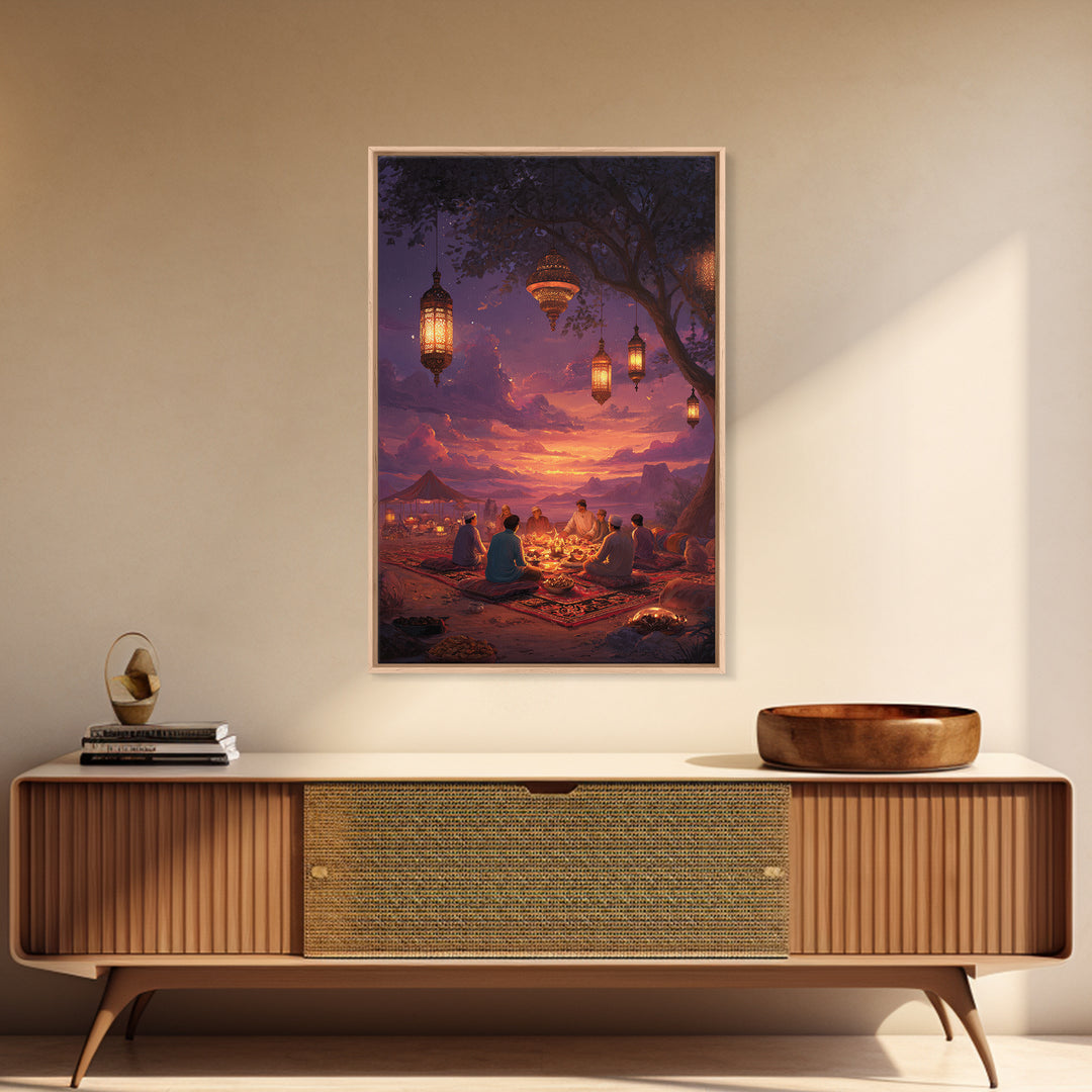 Illustrated Lanterns Night Scene Moroccan Style Wall Art Boho Home Decor Framed Canvas Print