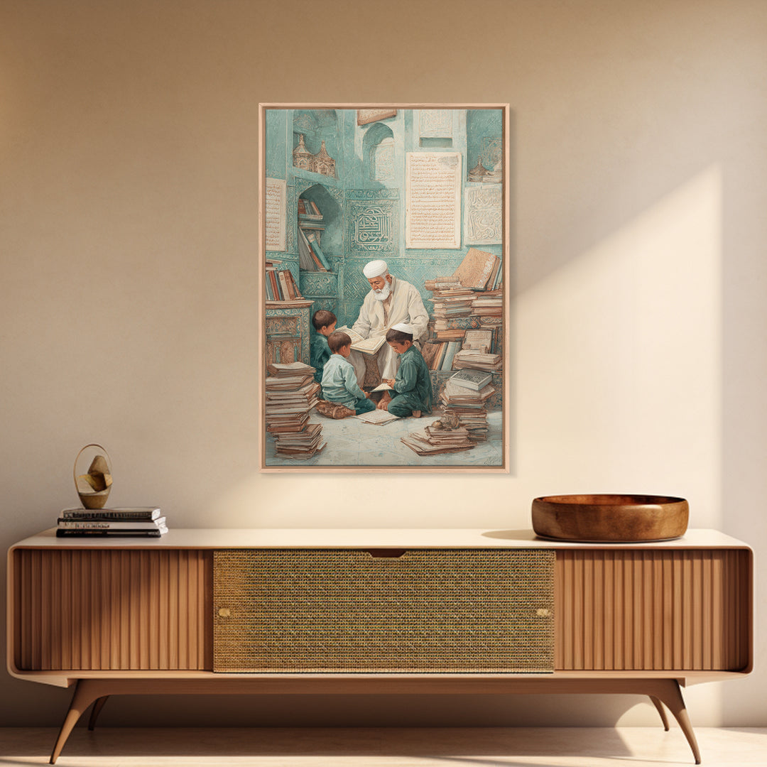 Traditional Islamic Learning Scene With Elderly Teacher And Students Wall Art Framed Canvas Print For Home Decor