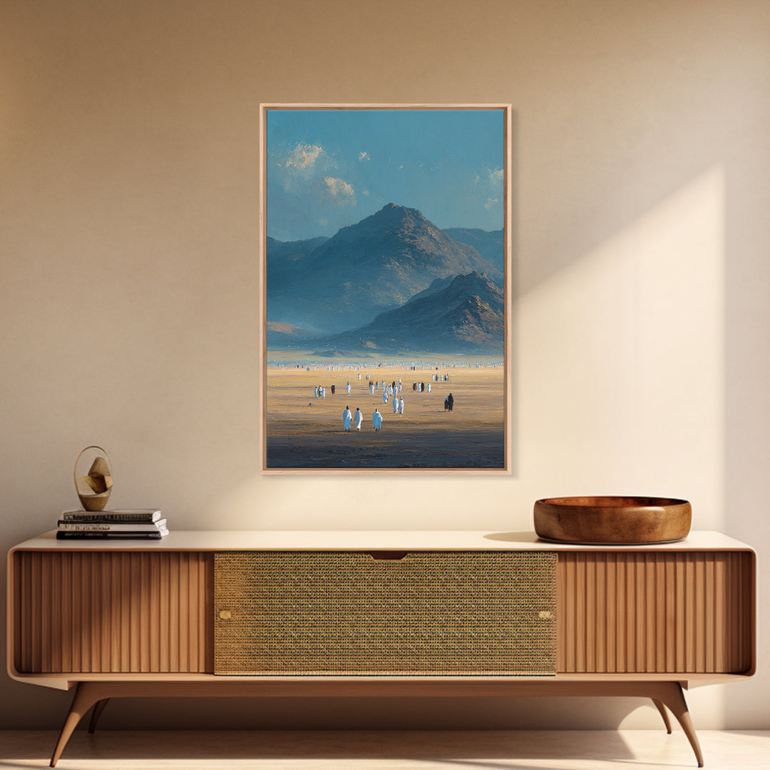 Expansive Desert Landscape With People Traveling Artistic Wall Art Framed Canvas Print For Minimalist Rustic Home Decor