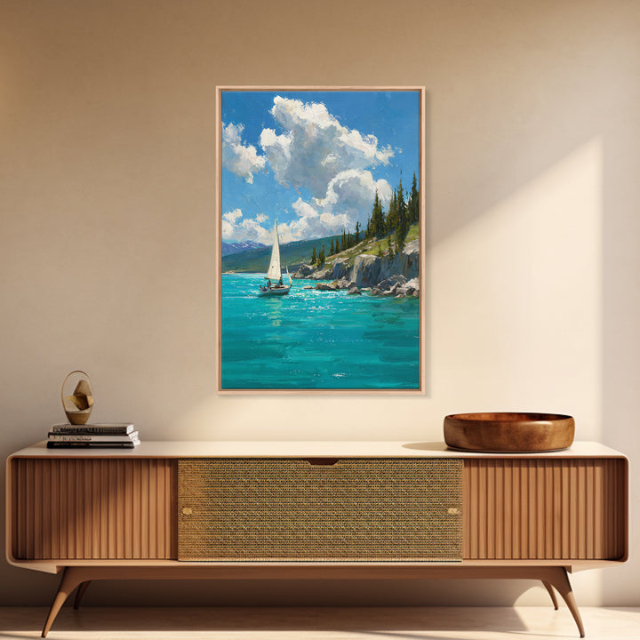 Serene Mountain Lake Sailing Scene Oil Painting Canvas Print For Calm Living Room Decor And Nautical Wall Art