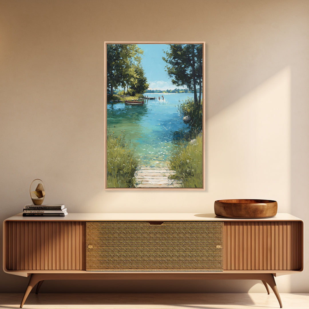 Peaceful Summer Lake Scene With Canoe And Children Splashing Wall Art Serene Landscape Framed Canvas Print Nature Decor