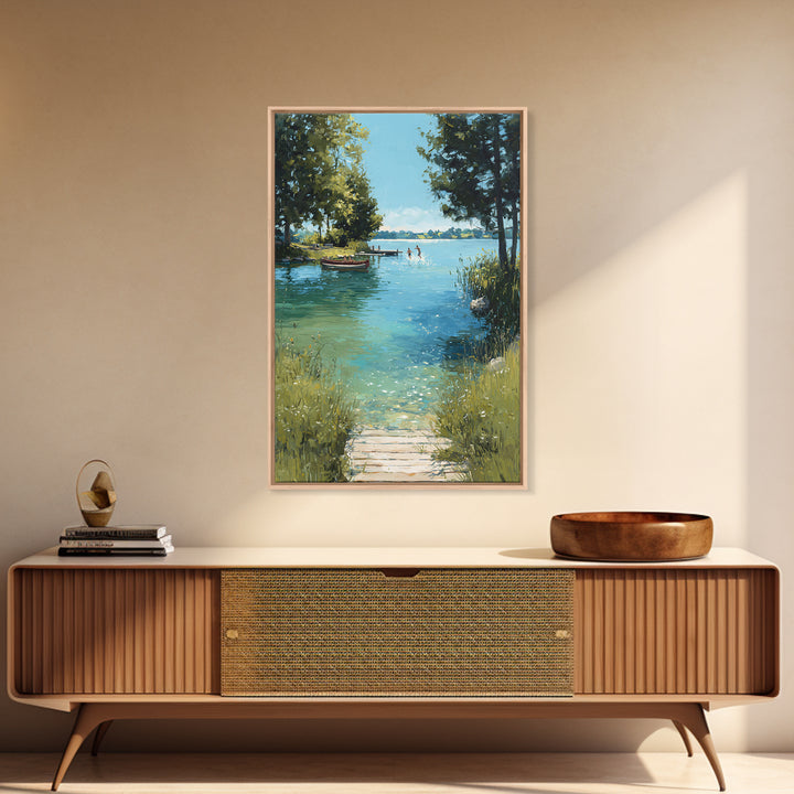 Peaceful Summer Lake Scene With Canoe And Children Splashing Wall Art Serene Landscape Framed Canvas Print Nature Decor
