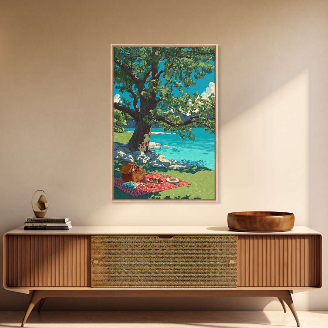 Peaceful Picnic Beside Lake With Oak Tree And Bright Blue Water Canvas Print Modern Wall Art For Living Room