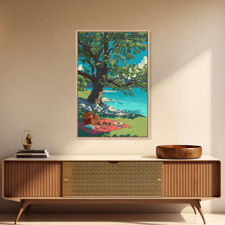 Peaceful Picnic Beside Lake With Oak Tree And Bright Blue Water Canvas Print Modern Wall Art For Living Room