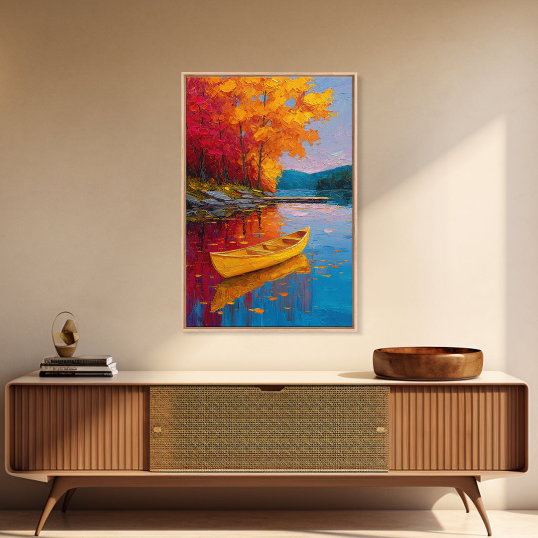 Vibrant Autumn Lake Scene With Yellow Canoe And Colorful Trees Wall Art Framed Canvas Print Fall Landscape Home Decor