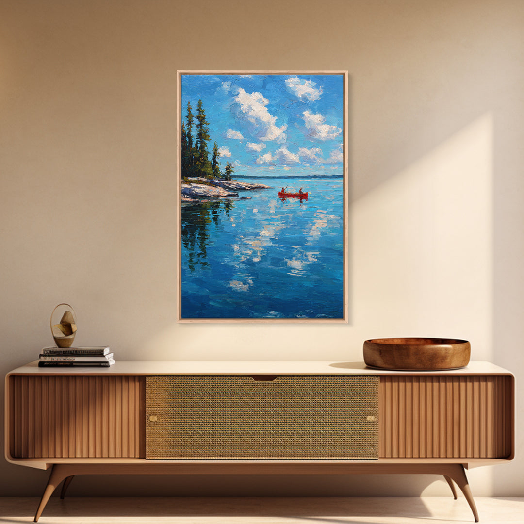 Pristine Lake Scene With Canoe And Pine Trees Under Blue Sky Captured In Classic Impasto Oil Painting