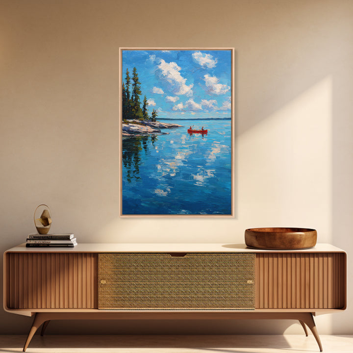Pristine Lake Scene With Canoe And Pine Trees Under Blue Sky Captured In Classic Impasto Oil Painting
