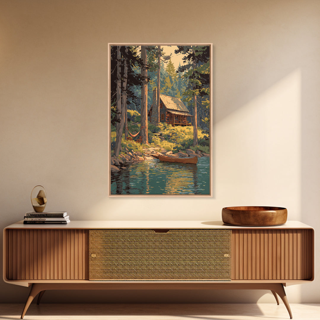 Cozy Log Cabin In Forest Landscape Painting Wall Art Boho Rustic Canvas Print For Cabin And Farmhouse Home Decor