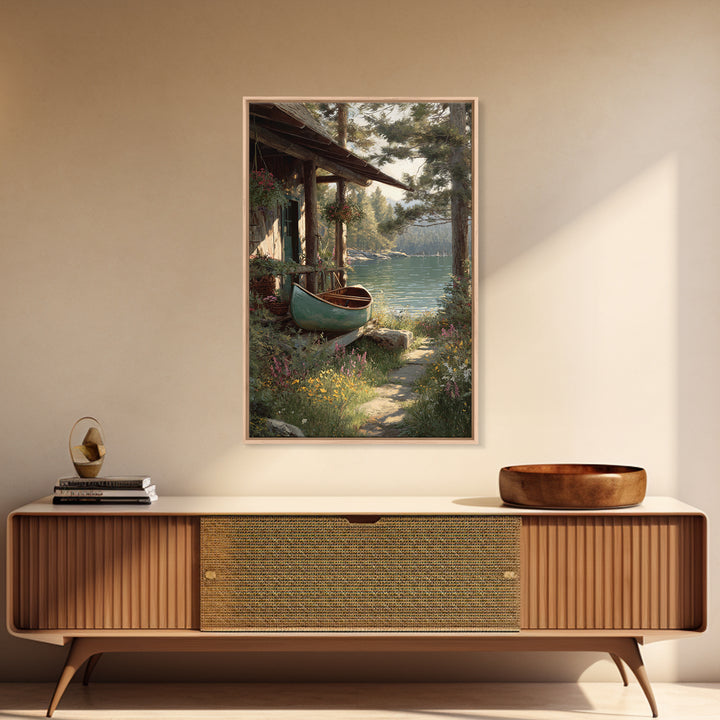 Peaceful Lakeside Cabin With Canoe Surrounded By Wildflowers Wall Art Framed Canvas Print For Rustic Home Decor
