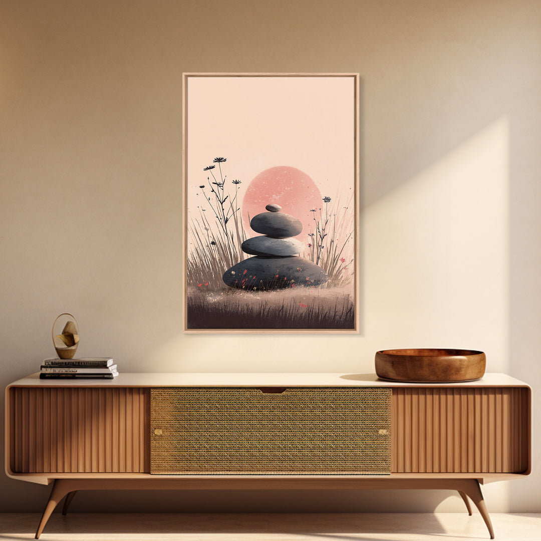 Stacked Zen Stones In Blush Grass Framed Canvas Print, Meditation Wall Art, Spa Wall Decor, Calming Minimalist Art, Peaceful Home Decor
